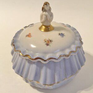 Rochelle Fine China Trinket Jewelry Box Blue Gold Trim Flowers Round Vintage